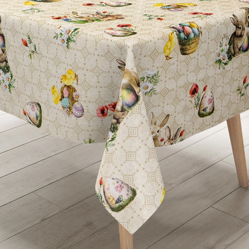 Wachstuch Tischdecke 01747-01 beige Ostern Osterhase Osterei Osterküken eckig rund oval