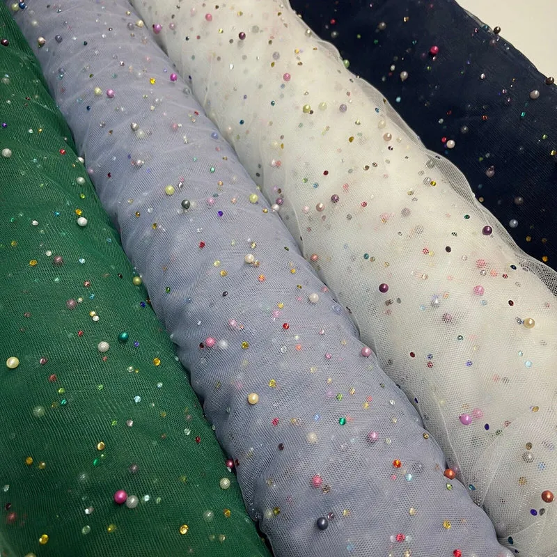 Beaded Pearl rhine stone Tulle Net Dress Wedding Décor Fabric M1825 Mtex