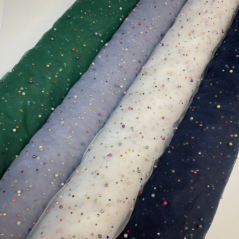 Beaded Pearl rhine stone Tulle Net Dress Wedding Décor Fabric M1825 Mtex