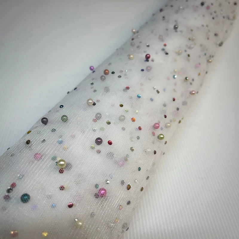 Beaded Pearl rhine stone Tulle Net Dress Wedding Décor Fabric M1825 Mtex