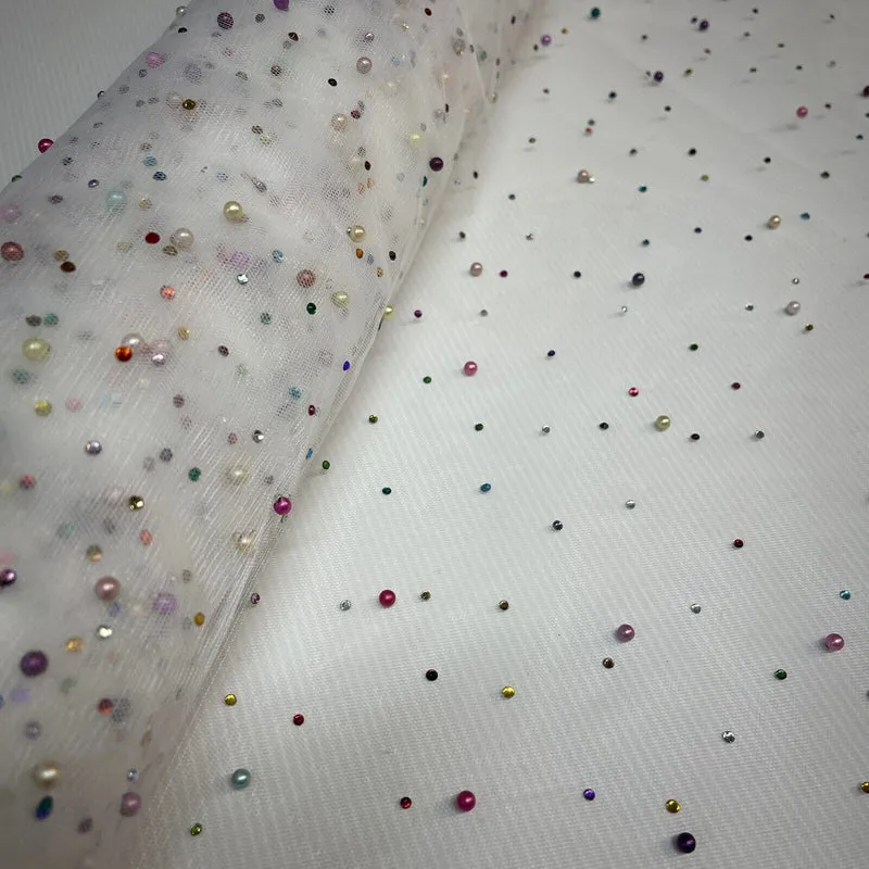 Beaded Pearl rhine stone Tulle Net Dress Wedding Décor Fabric M1825 Mtex