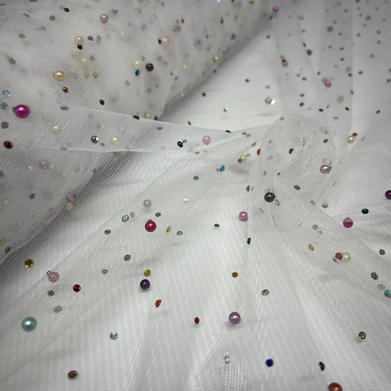 Beaded Pearl rhine stone Tulle Net Dress Wedding Décor Fabric M1825 Mtex