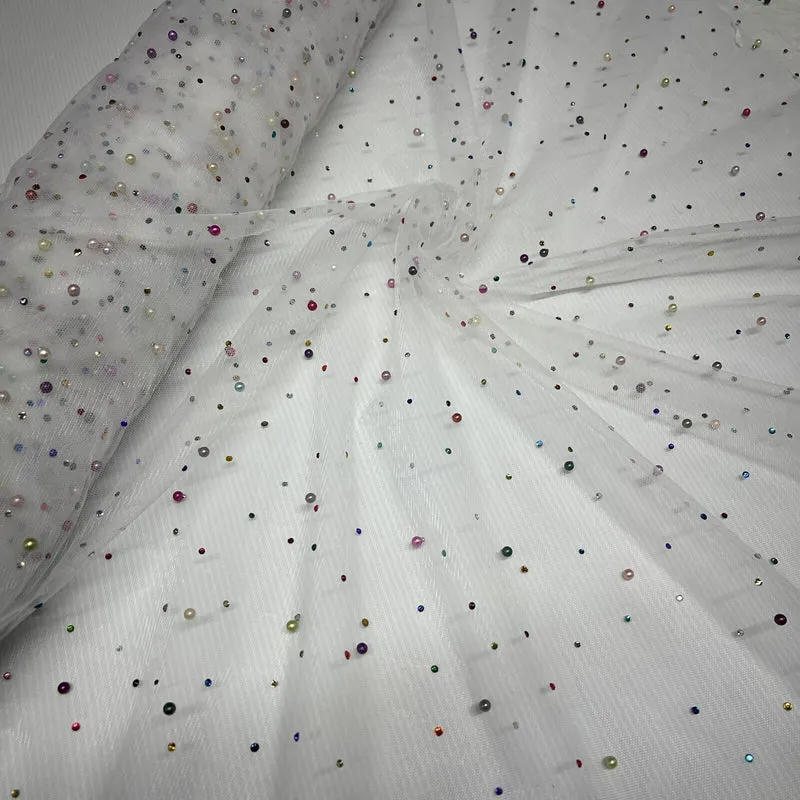 Beaded Pearl rhine stone Tulle Net Dress Wedding Décor Fabric M1825 Mtex