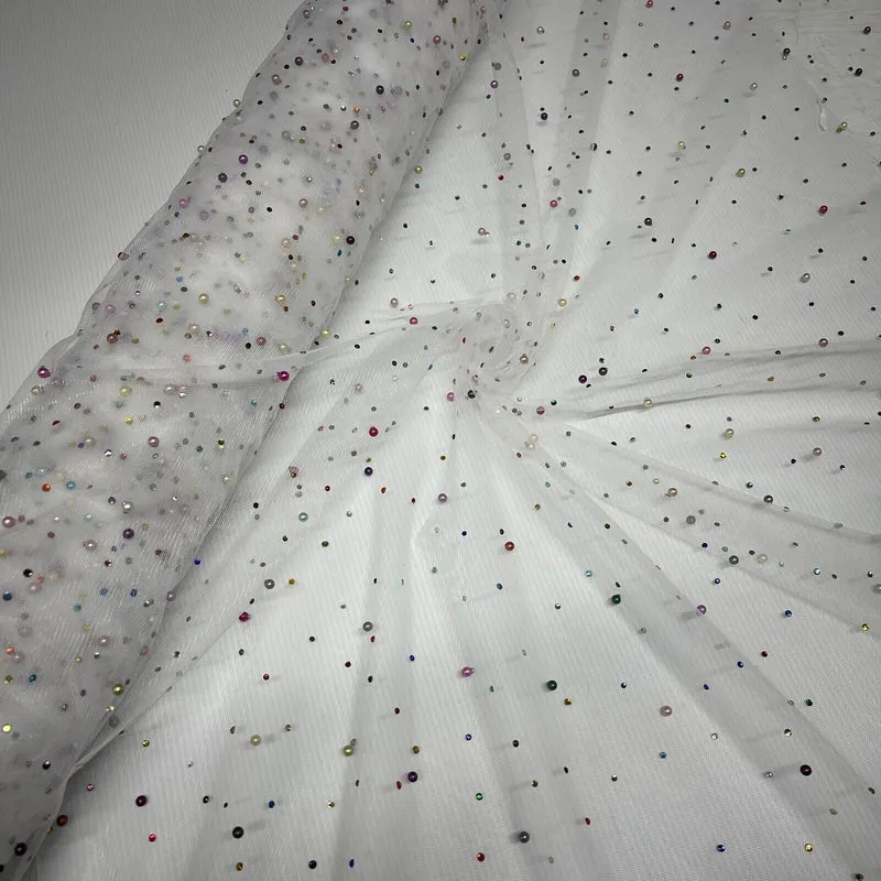 Beaded Pearl rhine stone Tulle Net Dress Wedding Décor Fabric M1825 Mtex