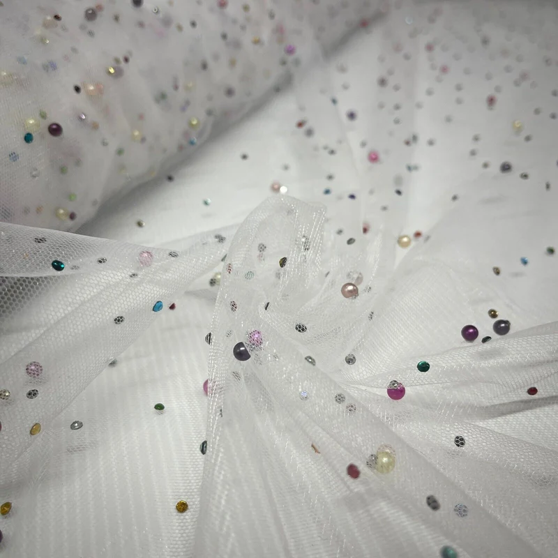 Beaded Pearl rhine stone Tulle Net Dress Wedding Décor Fabric M1825 Mtex