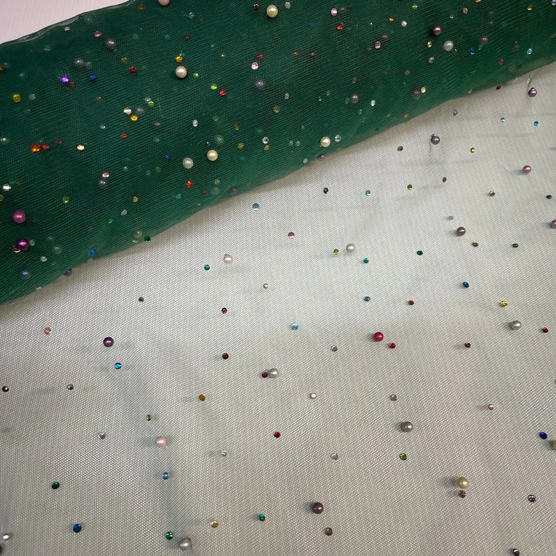Beaded Pearl rhine stone Tulle Net Dress Wedding Décor Fabric M1825 Mtex