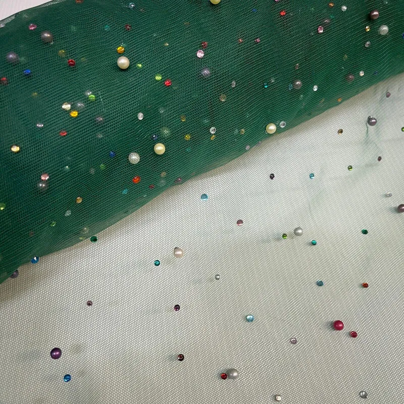 Beaded Pearl rhine stone Tulle Net Dress Wedding Décor Fabric M1825 Mtex