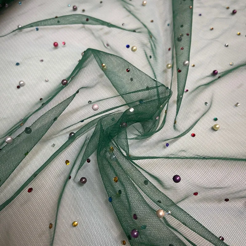 Beaded Pearl rhine stone Tulle Net Dress Wedding Décor Fabric M1825 Mtex