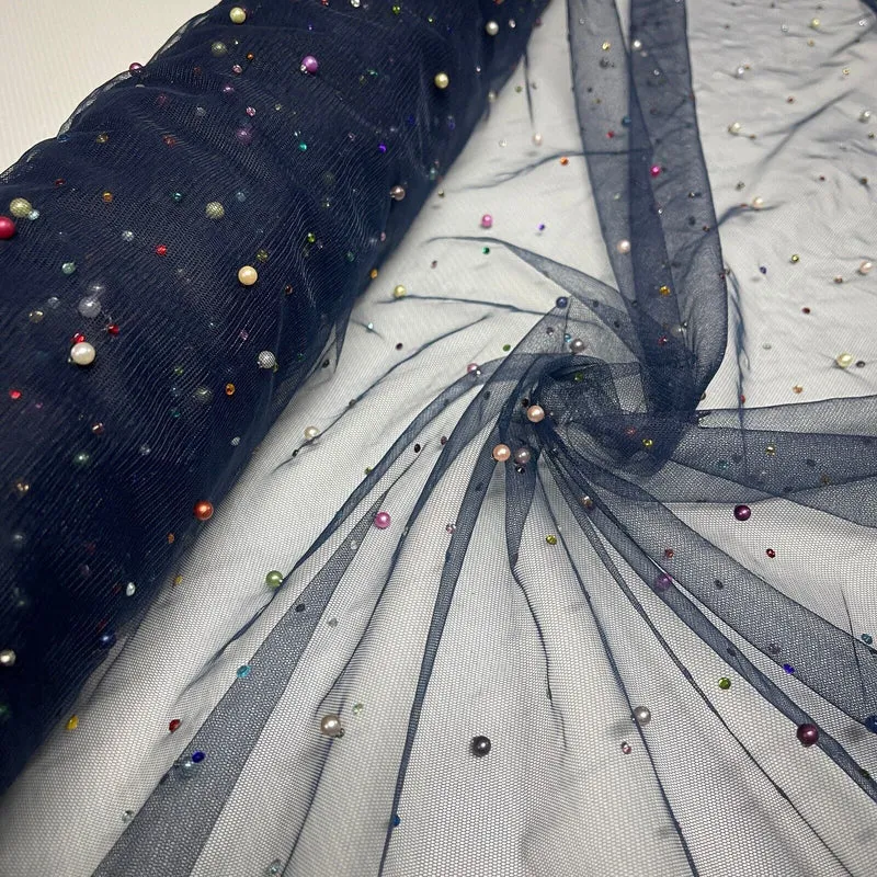 Beaded Pearl rhine stone Tulle Net Dress Wedding Décor Fabric M1825 Mtex