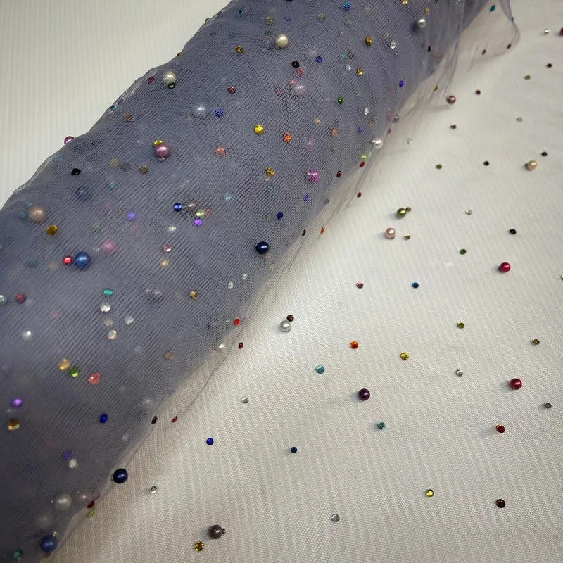 Beaded Pearl rhine stone Tulle Net Dress Wedding Décor Fabric M1825 Mtex