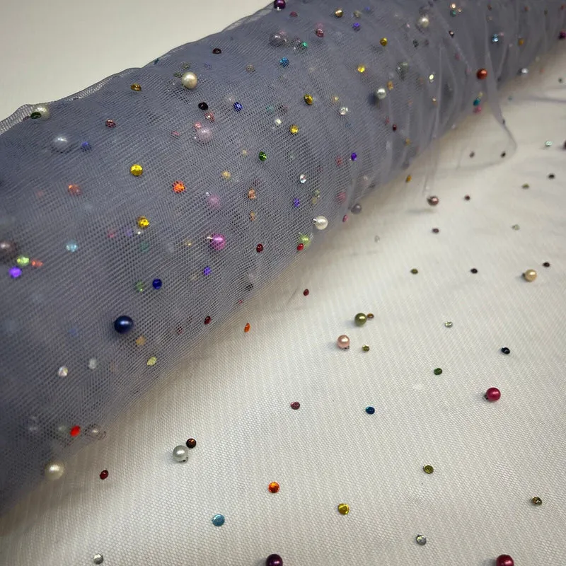 Beaded Pearl rhine stone Tulle Net Dress Wedding Décor Fabric M1825 Mtex
