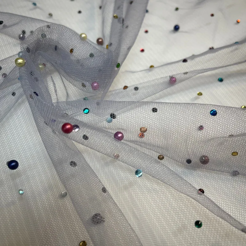 Beaded Pearl rhine stone Tulle Net Dress Wedding Décor Fabric M1825 Mtex