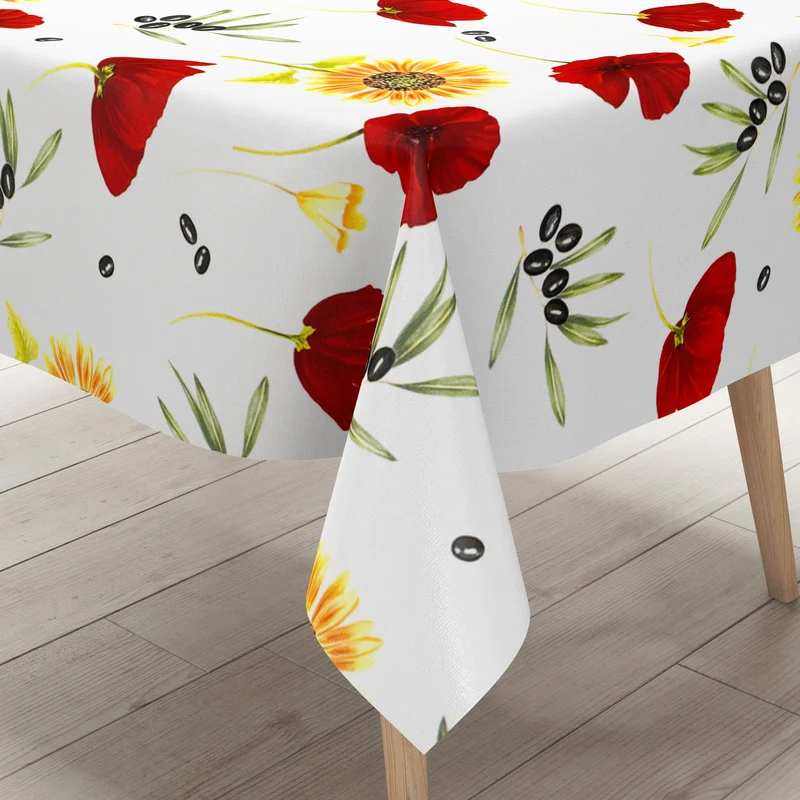 Wachstuch Tischdecke M19266 Mohnblumen Sonnenblumen Olive mediterran Sommer eckig rund oval