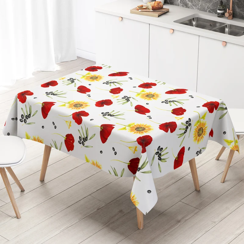 Wachstuch Tischdecke M19266 Mohnblumen Sonnenblumen Olive mediterran Sommer eckig rund oval