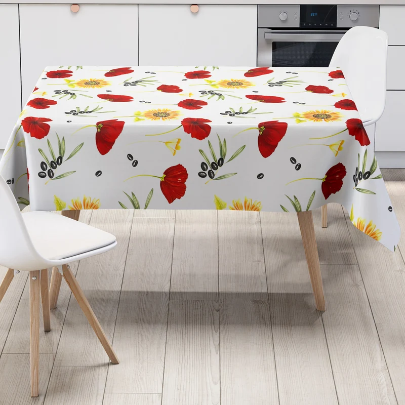 Wachstuch Tischdecke M19266 Mohnblumen Sonnenblumen Olive mediterran Sommer eckig rund oval
