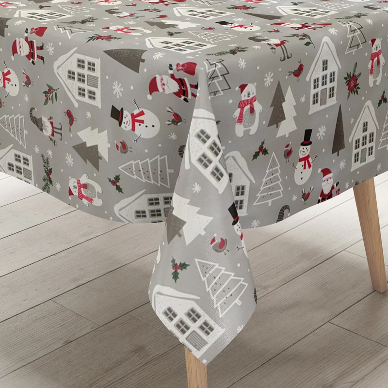 Wachstuch Tischdecke P1266-1 grau Weihnachten Weihnachtsmann Schneemann Eisbär eckig rund oval