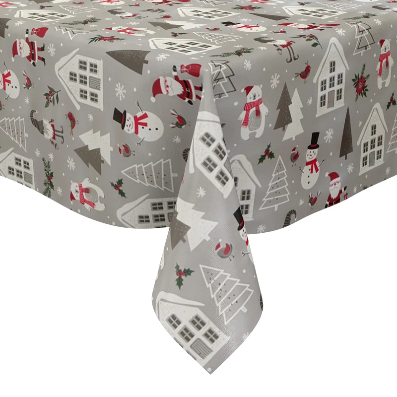 Wachstuch Tischdecke P1266-1 grau Weihnachten Weihnachtsmann Schneemann Eisbär eckig rund oval