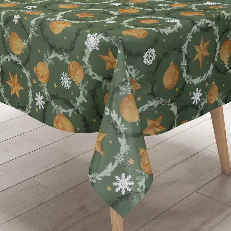 Wachstuch Tischdecke P1265-3 tannengrün Weihnachten Advent Weihnachtskugeln Schneeflocken eckig rund oval