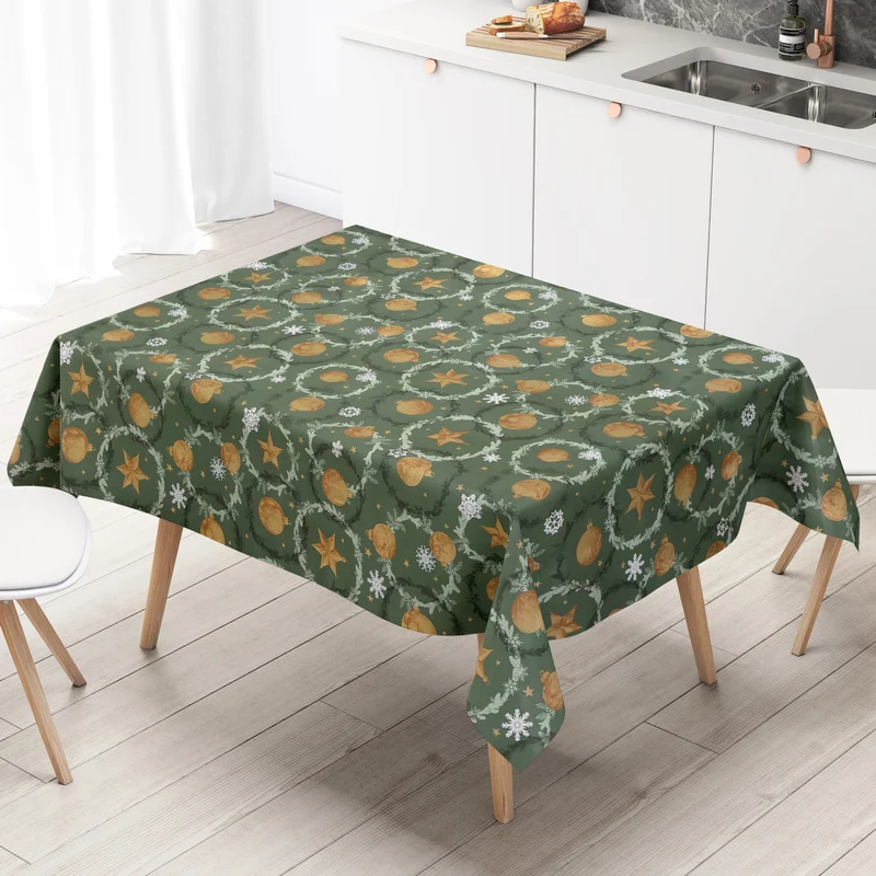 Wachstuch Tischdecke P1265-3 tannengrün Weihnachten Advent Weihnachtskugeln Schneeflocken eckig rund oval