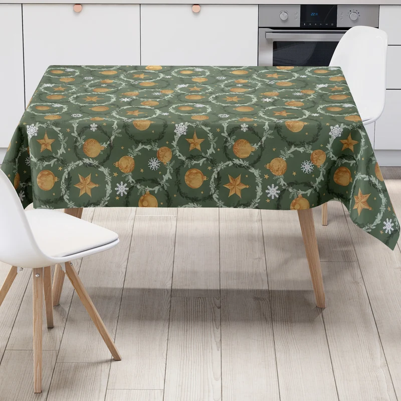 Wachstuch Tischdecke P1265-3 tannengrün Weihnachten Advent Weihnachtskugeln Schneeflocken eckig rund oval