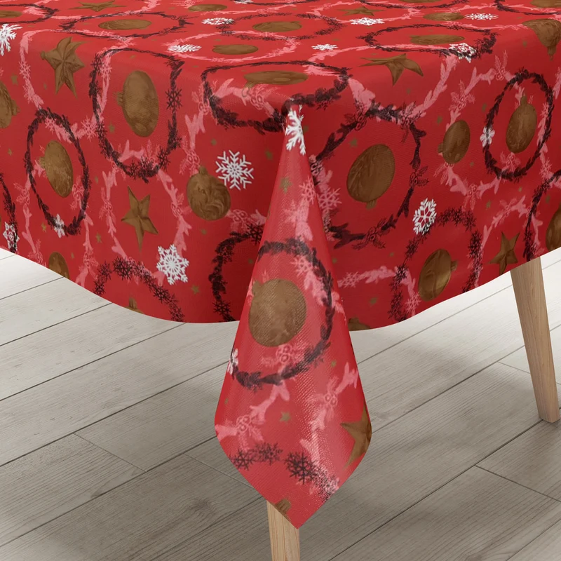 Wachstuch Tischdecke P1265-1 rot Weihnachten Advent Weihnachtskugeln Schneeflocken eckig rund oval