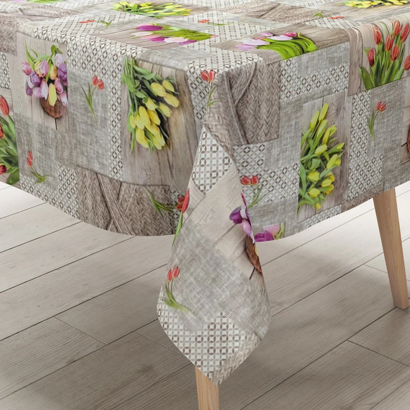 Wachstuch Tischdecke 15A Frühjahr Tulpen auf Holz eckig rund oval