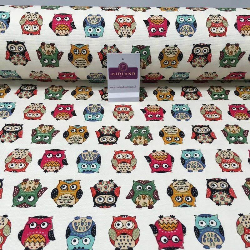 100% Cotton Canvas Cream Multicoloured Owl Printed Fabric 58" Wide Mtex MK856-11