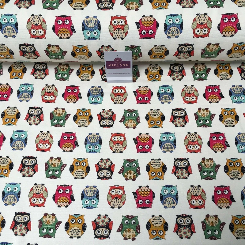 100% Cotton Canvas Cream Multicoloured Owl Printed Fabric 58" Wide Mtex MK856-11