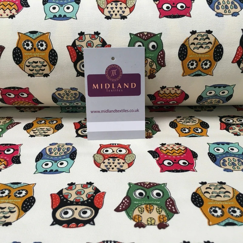 100% Cotton Canvas Cream Multicoloured Owl Printed Fabric 58" Wide Mtex MK856-11