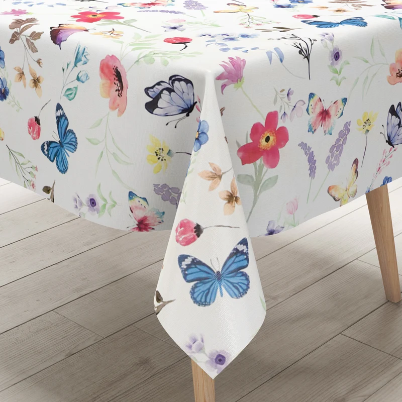 Wachstuch Tischdecke geprägt EO70 pastellfarbene Blumen und Schmetterlinge eckig rund oval
