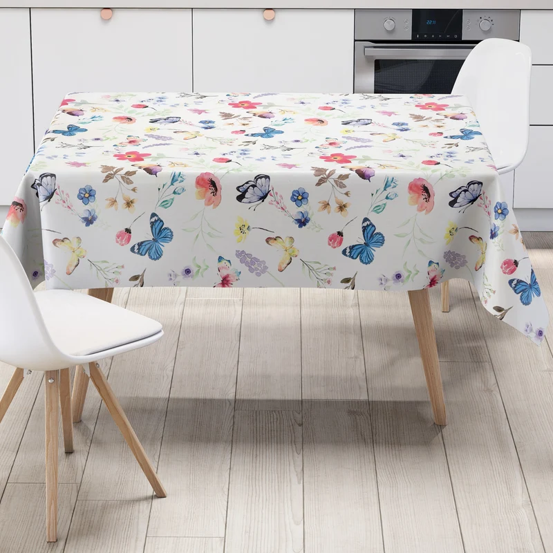 Wachstuch Tischdecke geprägt EO70 pastellfarbene Blumen und Schmetterlinge eckig rund oval
