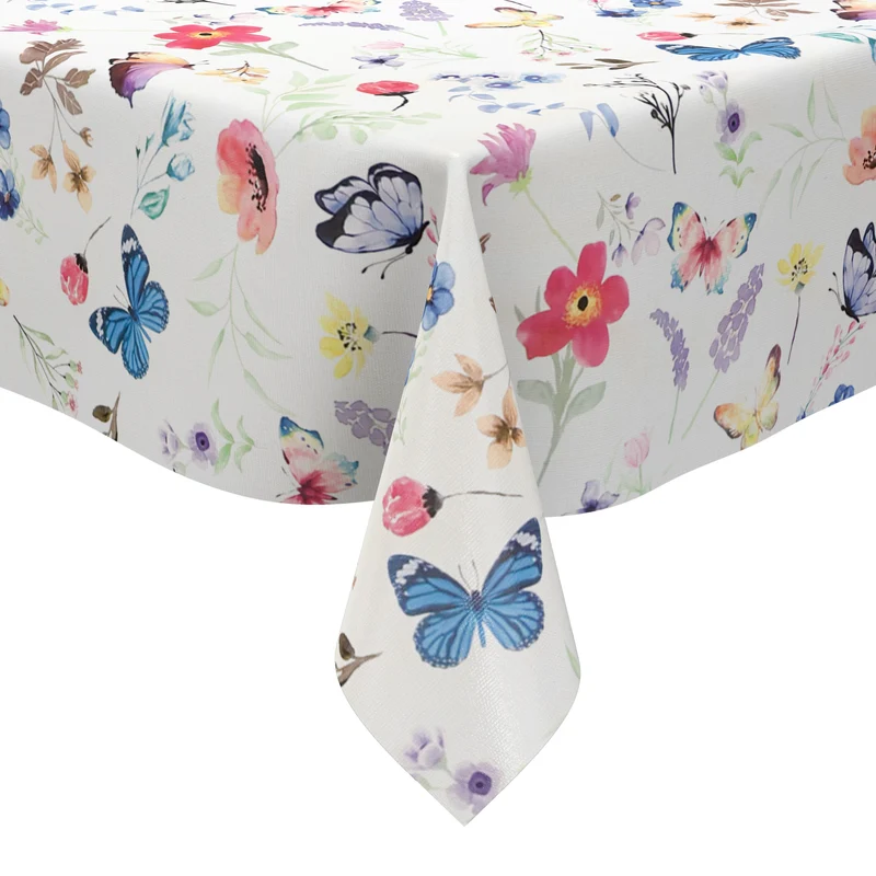 Wachstuch Tischdecke geprägt EO70 pastellfarbene Blumen und Schmetterlinge eckig rund oval