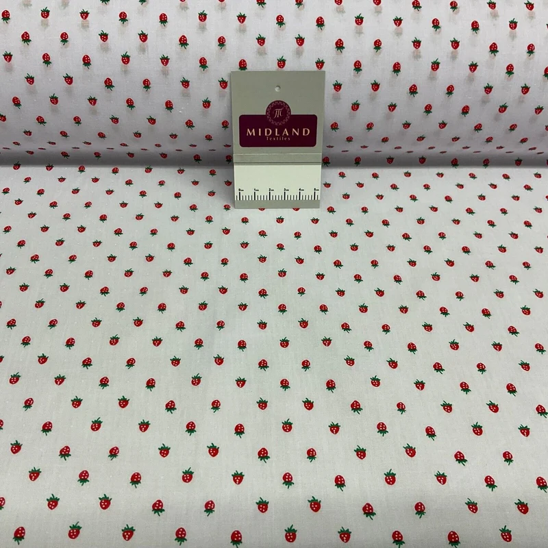 White Strawberry Strawberries Fruit Poly cotton printed fabric 110cm wide M1700