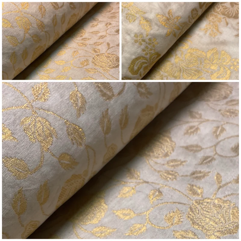 Ivory white brocade tussar silk floral printed dress fabric M1661