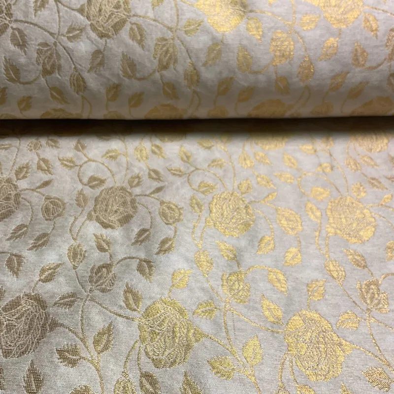 Ivory white brocade tussar silk floral printed dress fabric M1661