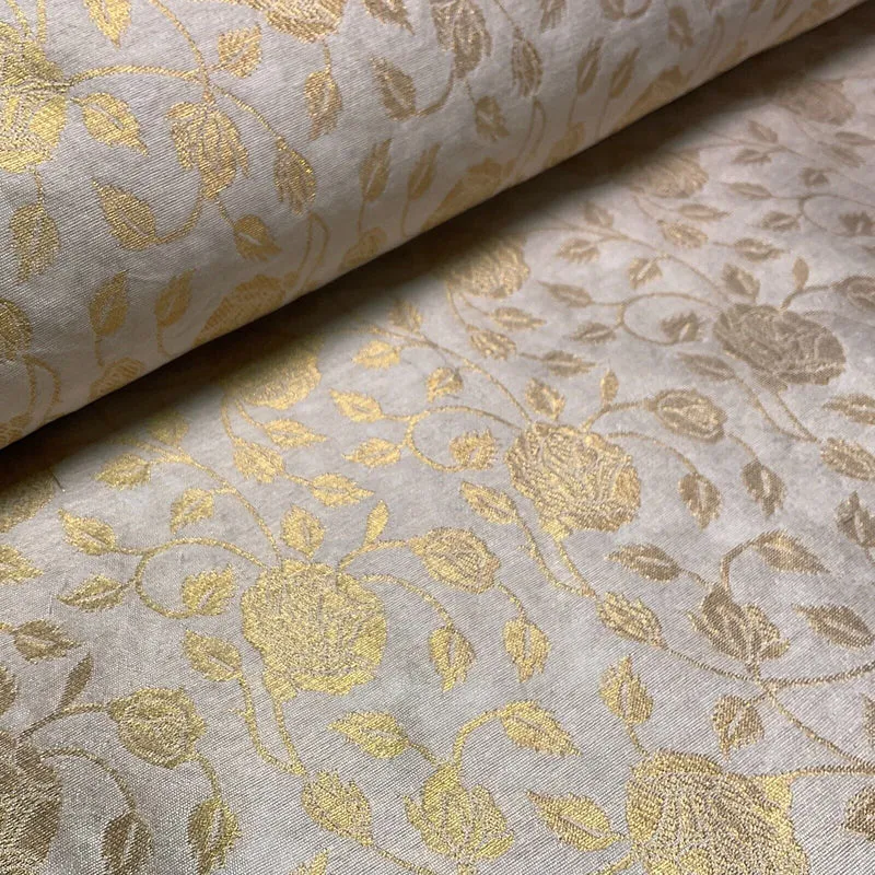 Ivory white brocade tussar silk floral printed dress fabric M1661