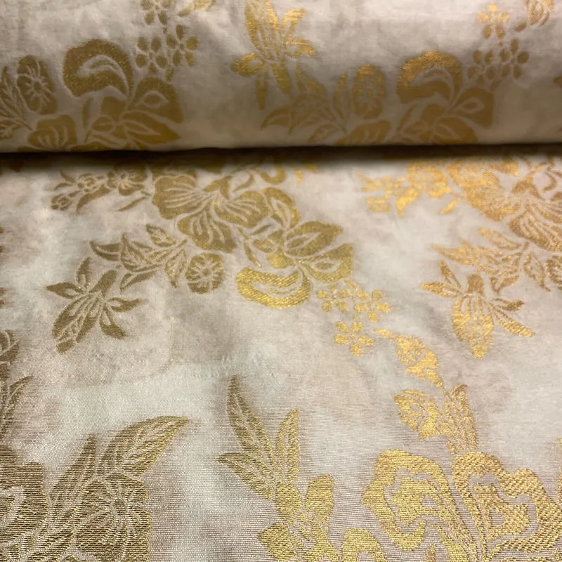 Ivory white brocade tussar silk floral printed dress fabric M1661