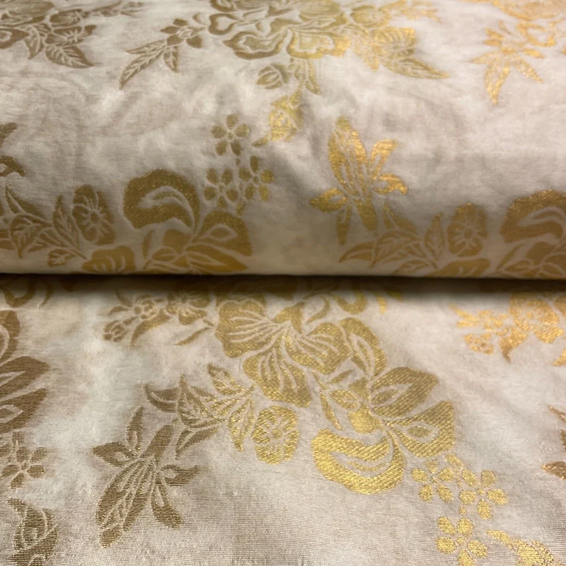 Ivory white brocade tussar silk floral printed dress fabric M1661