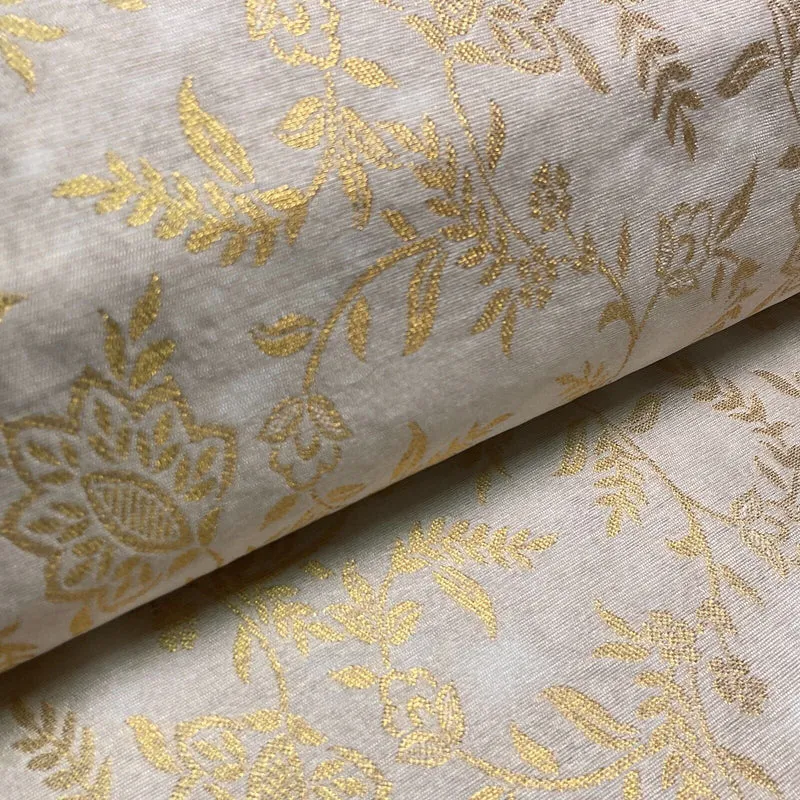 Ivory white brocade tussar silk floral printed dress fabric M1661