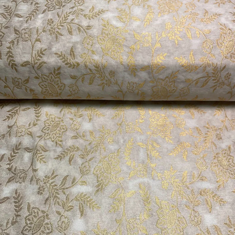 Ivory white brocade tussar silk floral printed dress fabric M1661