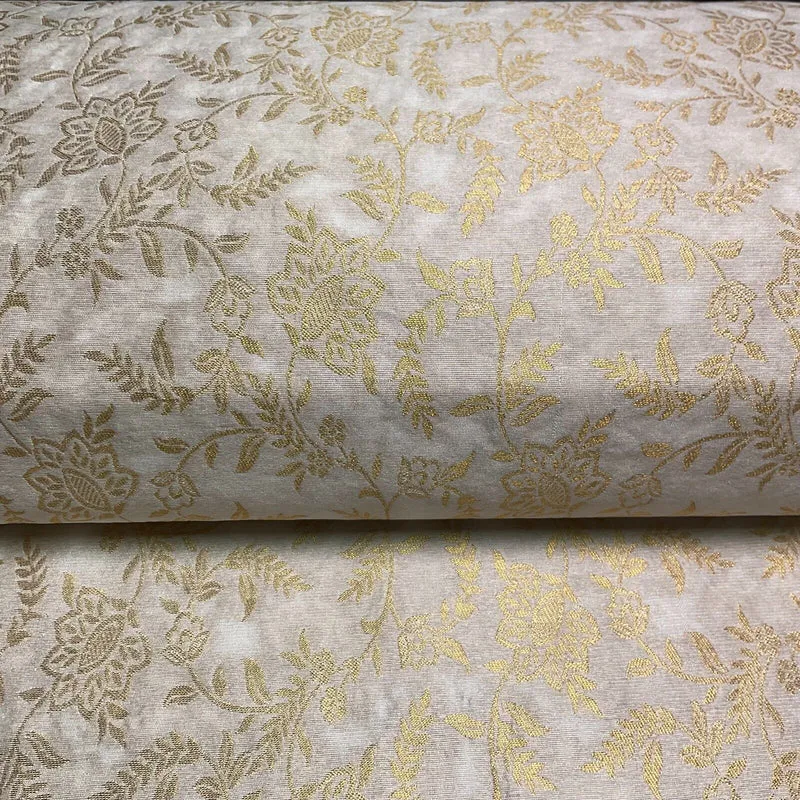 Ivory white brocade tussar silk floral printed dress fabric M1661
