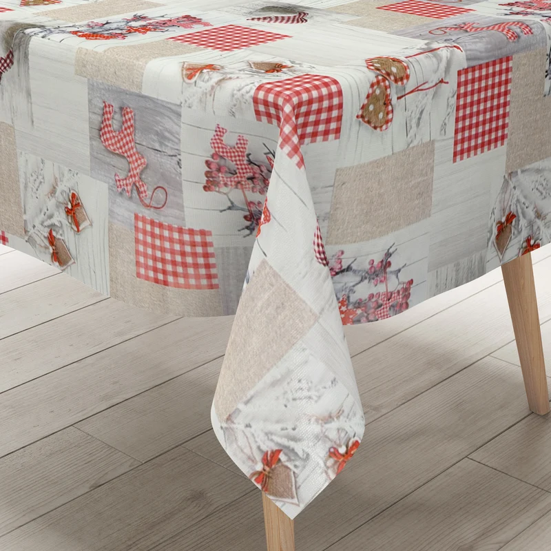 Wachstuch Tischdecke P8012-1 Winter Patchwork Rentier Holz Herzen eckig rund oval