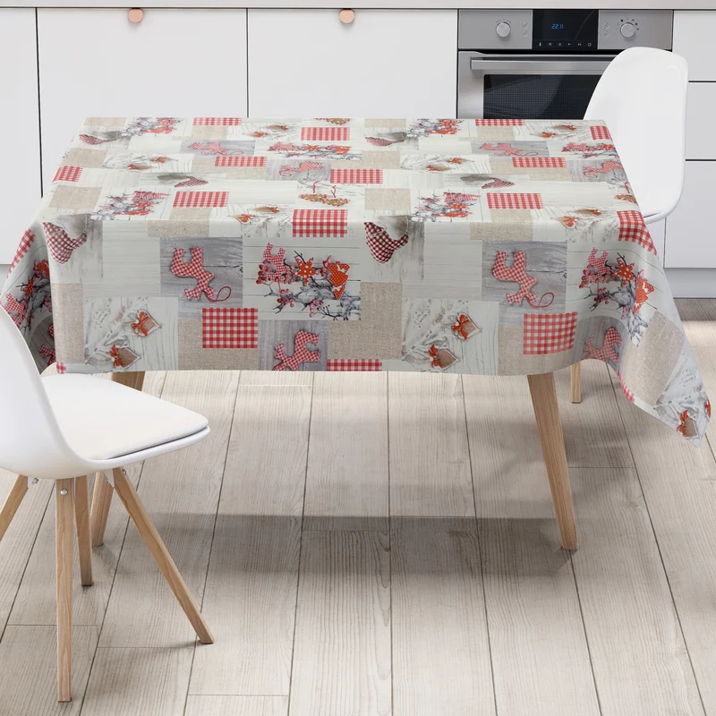 Wachstuch Tischdecke P8012-1 Winter Patchwork Rentier Holz Herzen eckig rund oval