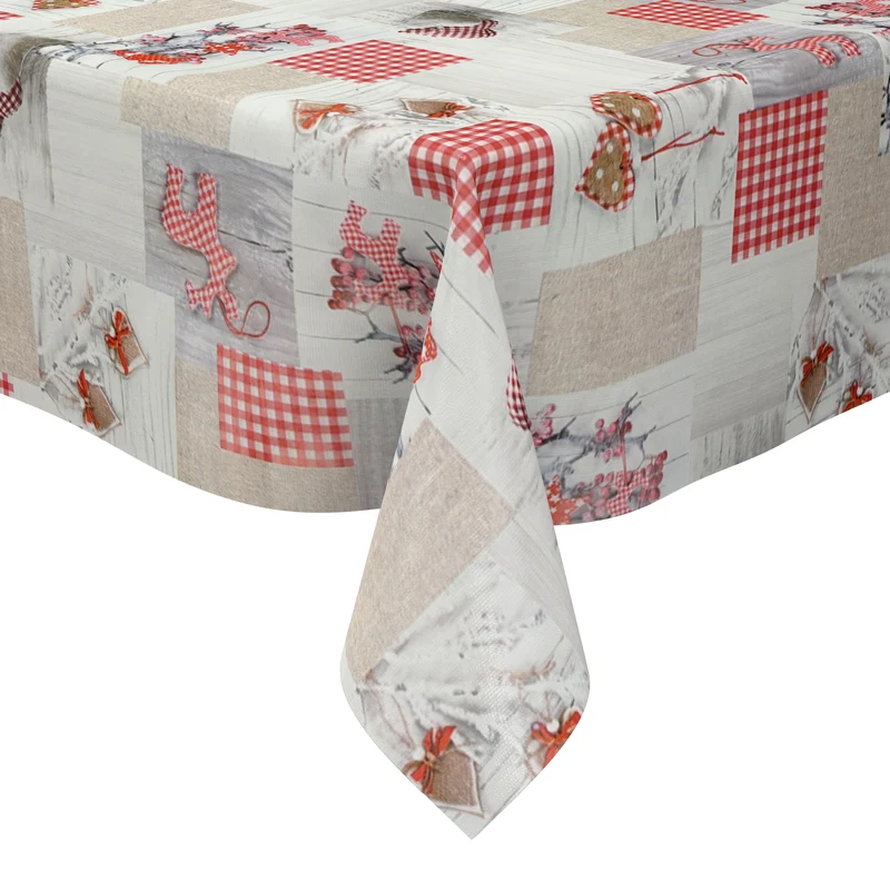 Wachstuch Tischdecke P8012-1 Winter Patchwork Rentier Holz Herzen eckig rund oval