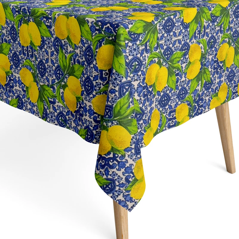 Jacquard Tischdecke aus beschichteter Baumwolle mit Fleckenschutz GENOVA mediterran Mosaik Zitronen eckig rund oval