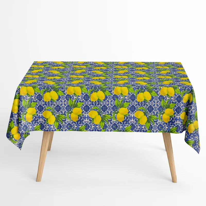 Jacquard Tischdecke aus beschichteter Baumwolle mit Fleckenschutz GENOVA mediterran Mosaik Zitronen eckig rund oval
