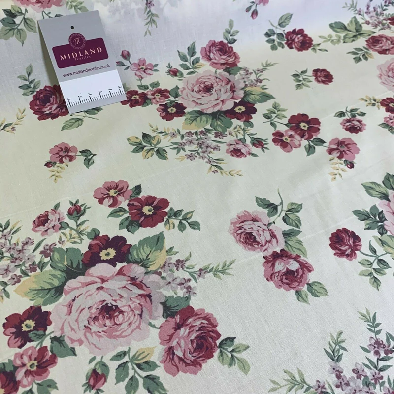 Floral Vintage Rose Shabby Chic Cotton Poplin Printed Fabric 110cm Wide MK1083