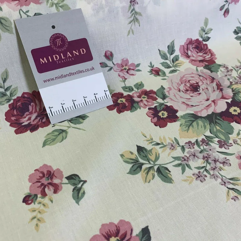 Floral Vintage Rose Shabby Chic Cotton Poplin Printed Fabric 110cm Wide MK1083