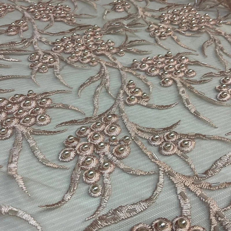 Blush embroidery lace with Blush faux pearls and Blush bungle beads - Double scalloped border Fabric - M1400-37
