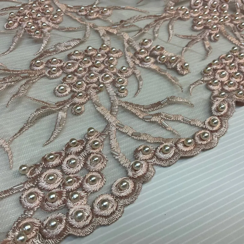 Blush embroidery lace with Blush faux pearls and Blush bungle beads - Double scalloped border Fabric - M1400-37